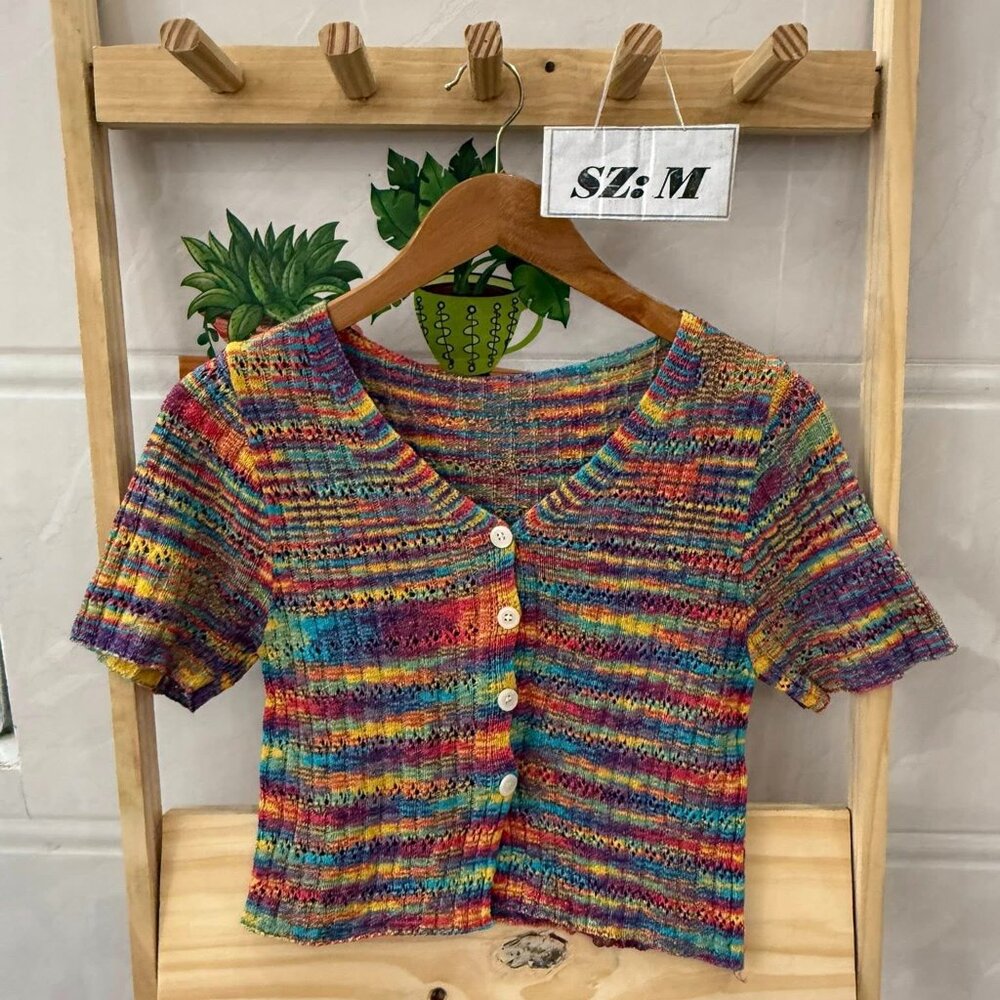 Rainbow Multicolor Crochet Knit Crop Cardigan Boho Festival Top